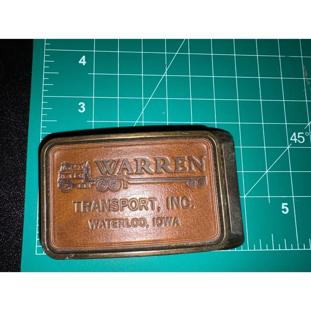 Vintage Warren Transport Inc.‎ Belt Buckle Waterloo Iowa Leather & Brass Semi